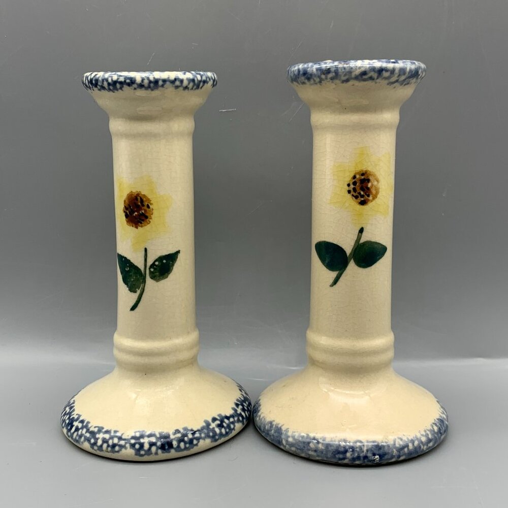 1996 Magic Creations set of 2 Taper Candleholders White with Sunflowers